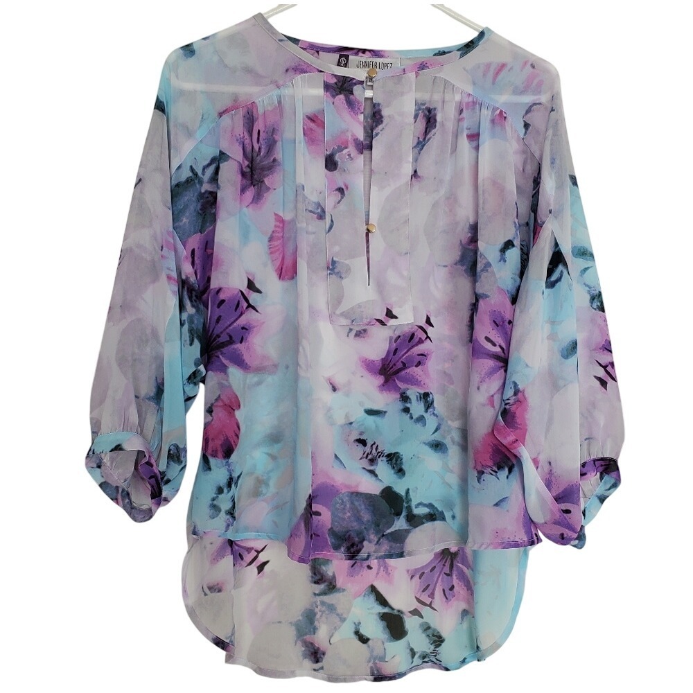 Jennifer Lopez Chiffon‎ Sheer Top Purple Artsy Floral Blouse 3/4 Puff Sleeve Md
